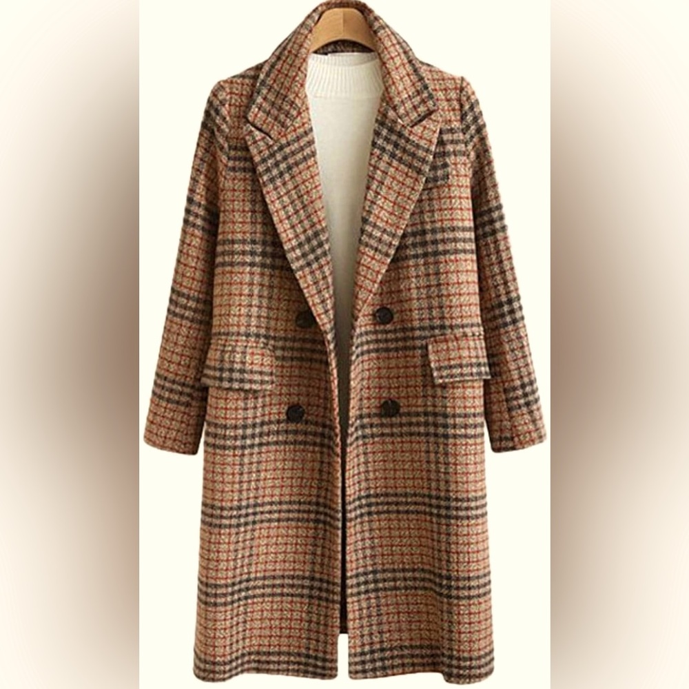 Oversized Notched Collar Double Breasted Plaid Wool Blend Long Trench Coat - XL